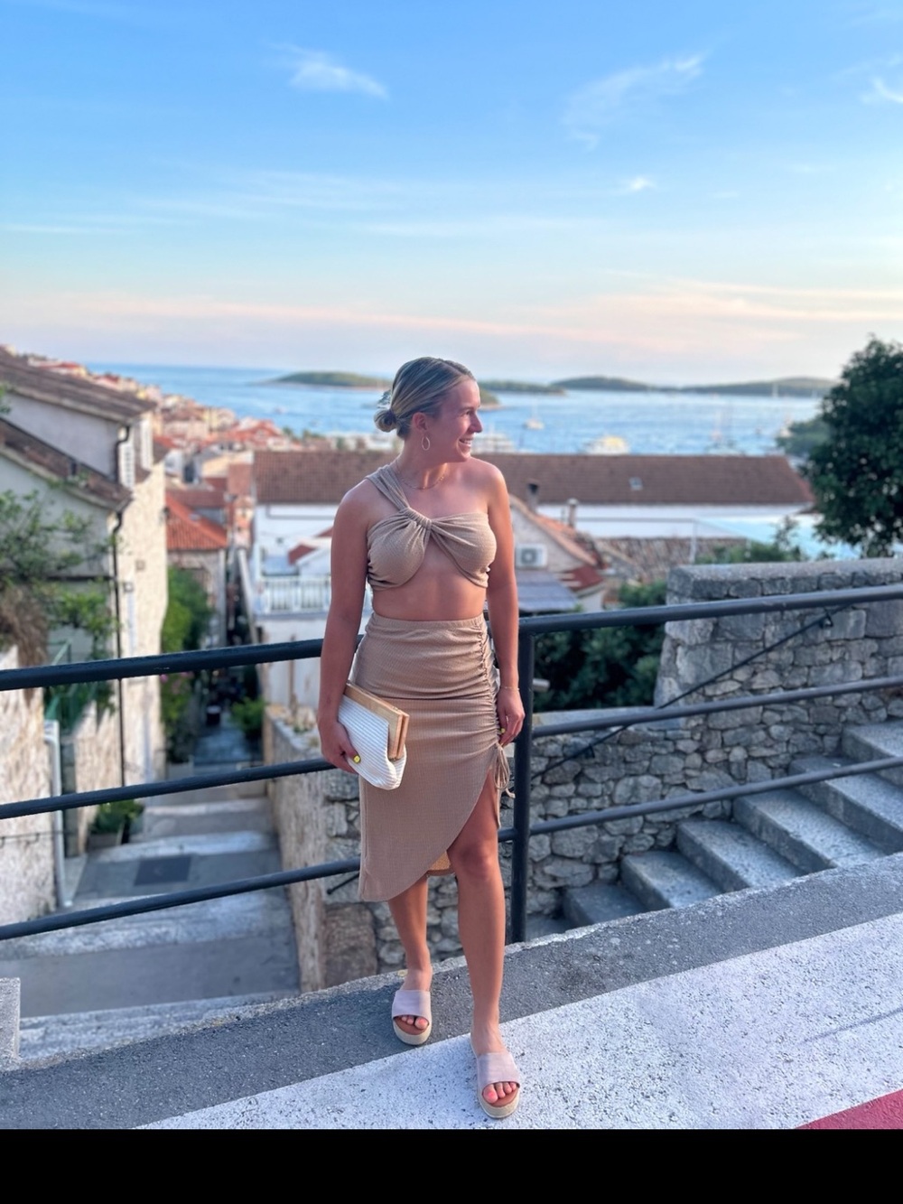 Twist-Front Two-Piece Midi Dress in Tan